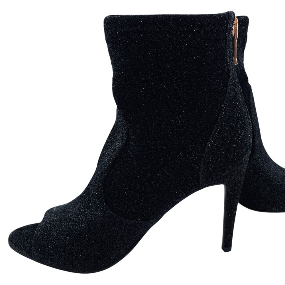 Guess Black Sparkle Fabric Stretch Open Toe Zip Back Stilletto Heels Booties 10M